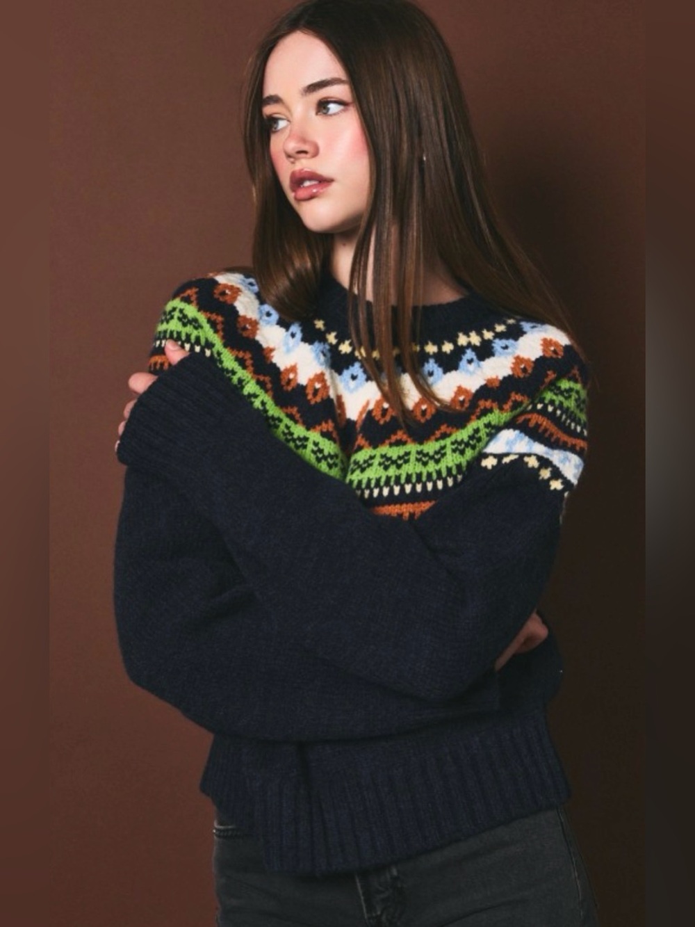 Le Lis Navy Fair Isle Crewneck Sweater with Multicolor Yoke